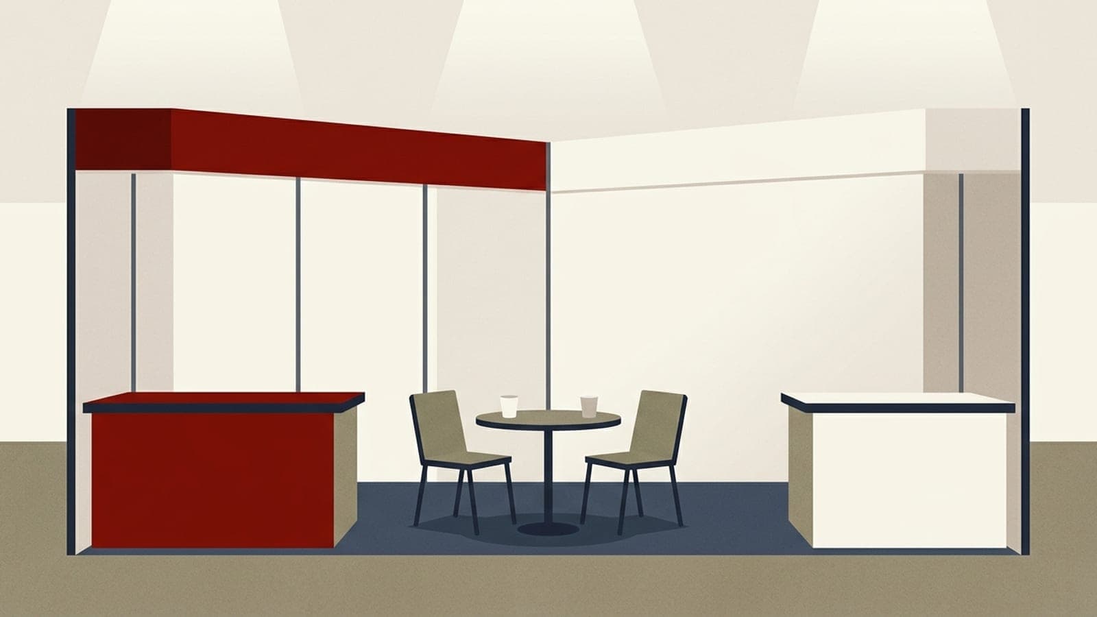 Illustration: two blank exhibition fair booths stand side by side with a small round table, two chairs and two cups in a quiet corner.