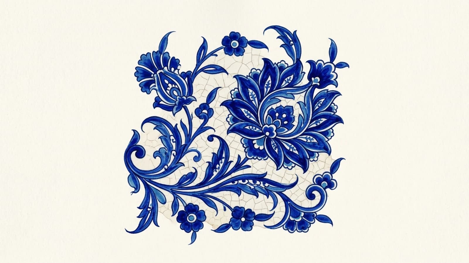 Illustration: a tile panel painted only in cobalt blue on white, a hatayi flower and scrolling stems filling the square.