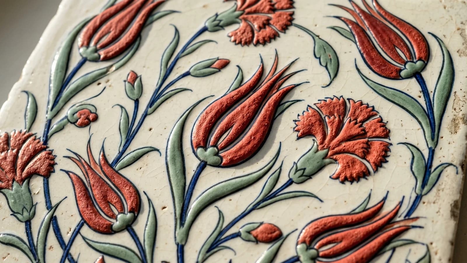 Illustration: a close view of a tile where the red tulips and carnations stand slightly above the glazed surface, outlined in dark blue.