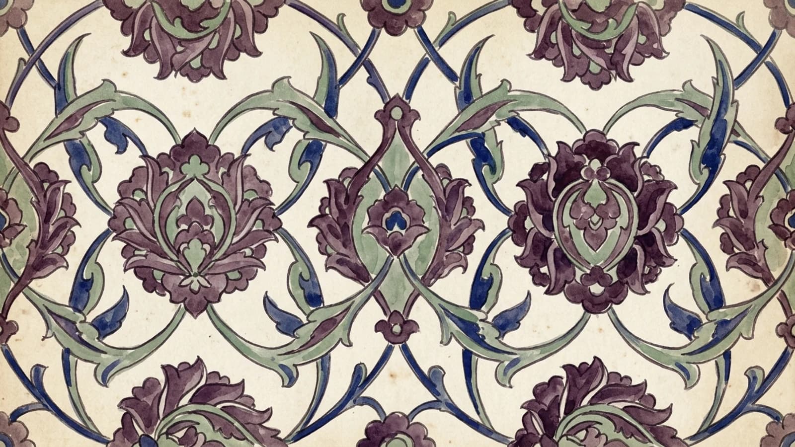 Illustration: a repeating lattice of blossoms and leaves in manganese purple and sage green on cream paper.