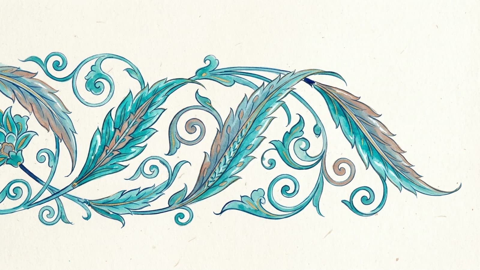 Illustration: a band of long serrated saz leaves and scrolling stems painted in turquoise on cream paper.