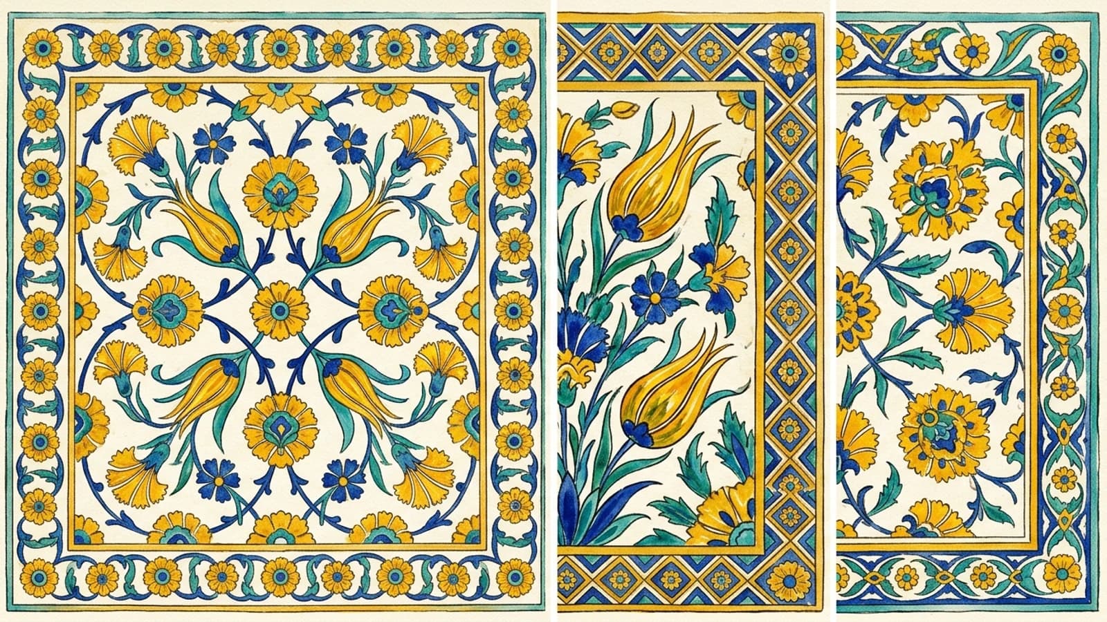 Illustration: three tile panels of tulips, carnations and rosettes painted in bright yellow with blue and green, in the Kütahya manner.