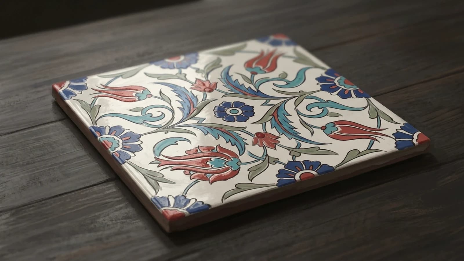 Illustration: a square İznik-style tile lying on a dark wooden table, painted with red tulips, blue rosettes and turquoise saz leaves.