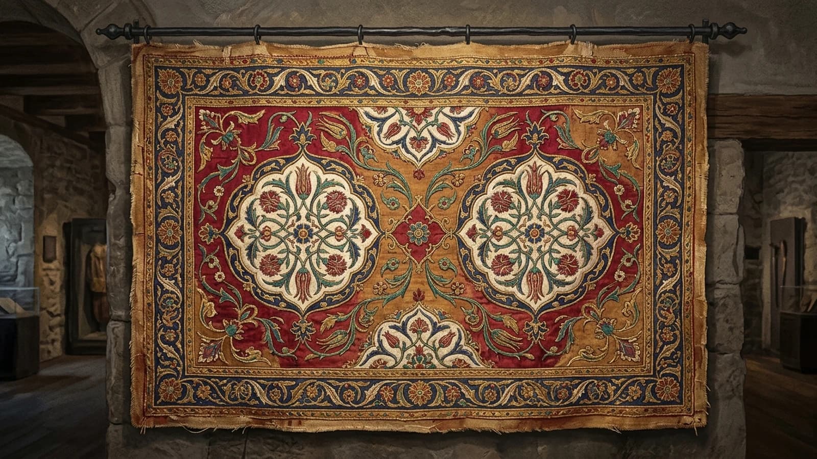 Illustration: an Ottoman tent panel hung on a rod against a stone wall, its medallions of interlaced flowers carrying stylised tulips and carnations.