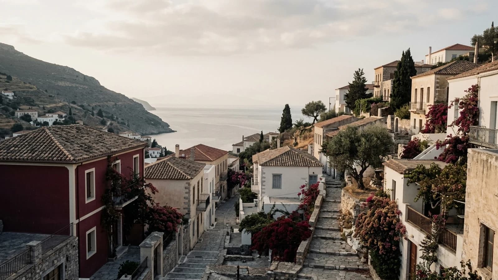 A Mediterranean coastal town in late-afternoon light, whitewashed and ochre houses stepping down a hillside towards the sea.
