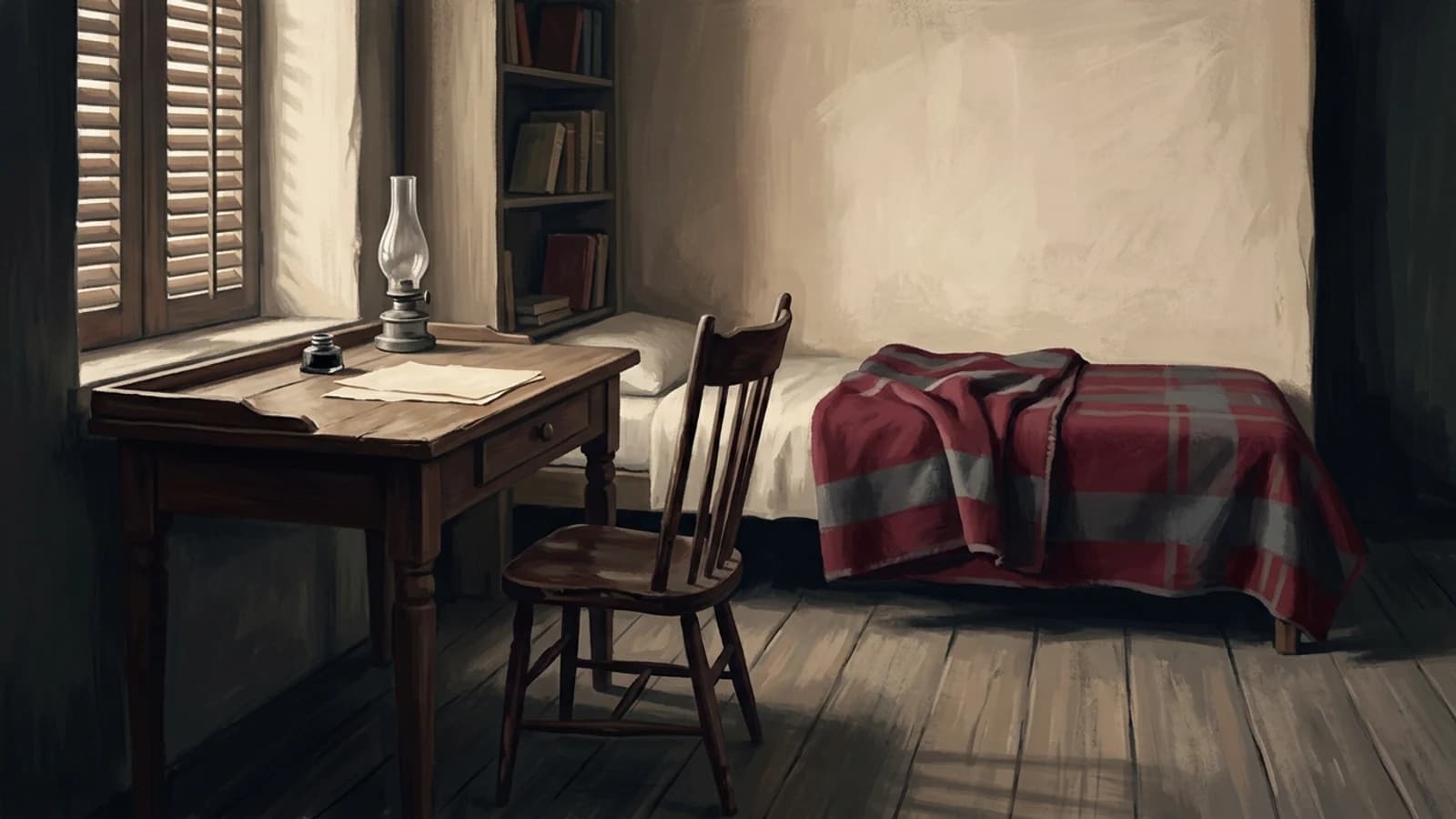 Painted interior: a writing desk beside a shuttered window, an oil lamp and a narrow bed — the room of someone far from home.