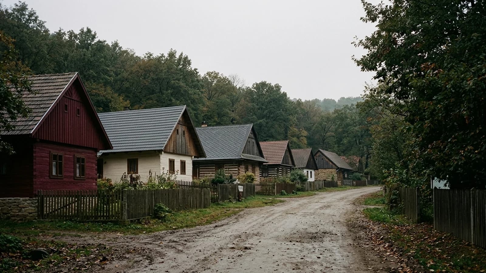 A village lane of low wooden houses with steep pitched roofs, standing among dense forest on an overcast morning.