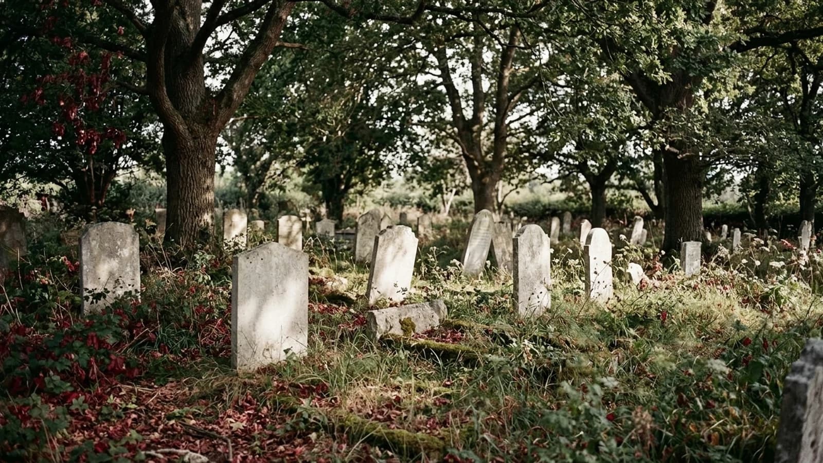 A small rural cemetery under old trees, weathered and unlettered stone markers standing in long grass.