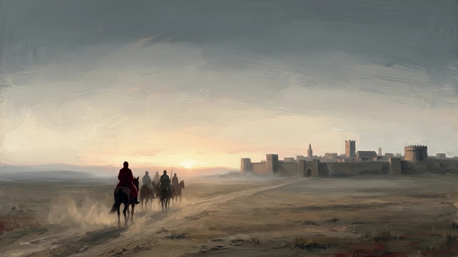 Painted illustration of distant riders crossing a plain at dawn towards a walled city on the horizon.