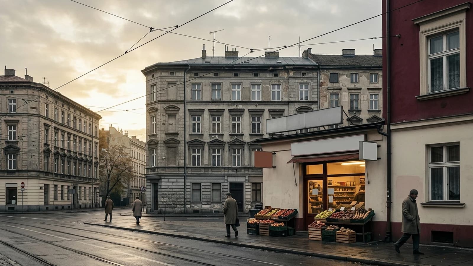 A Central European street in autumn — stone tenements, tram wires overhead, a warmly lit corner grocery.