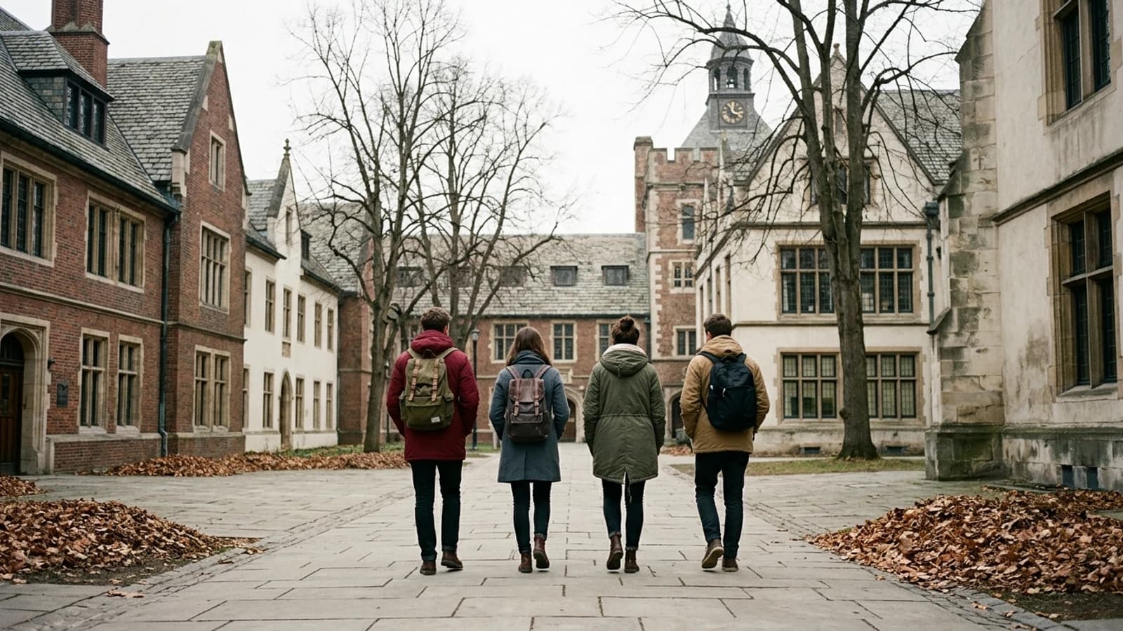 Four students with backpacks walking together across a university courtyard, seen from behind.