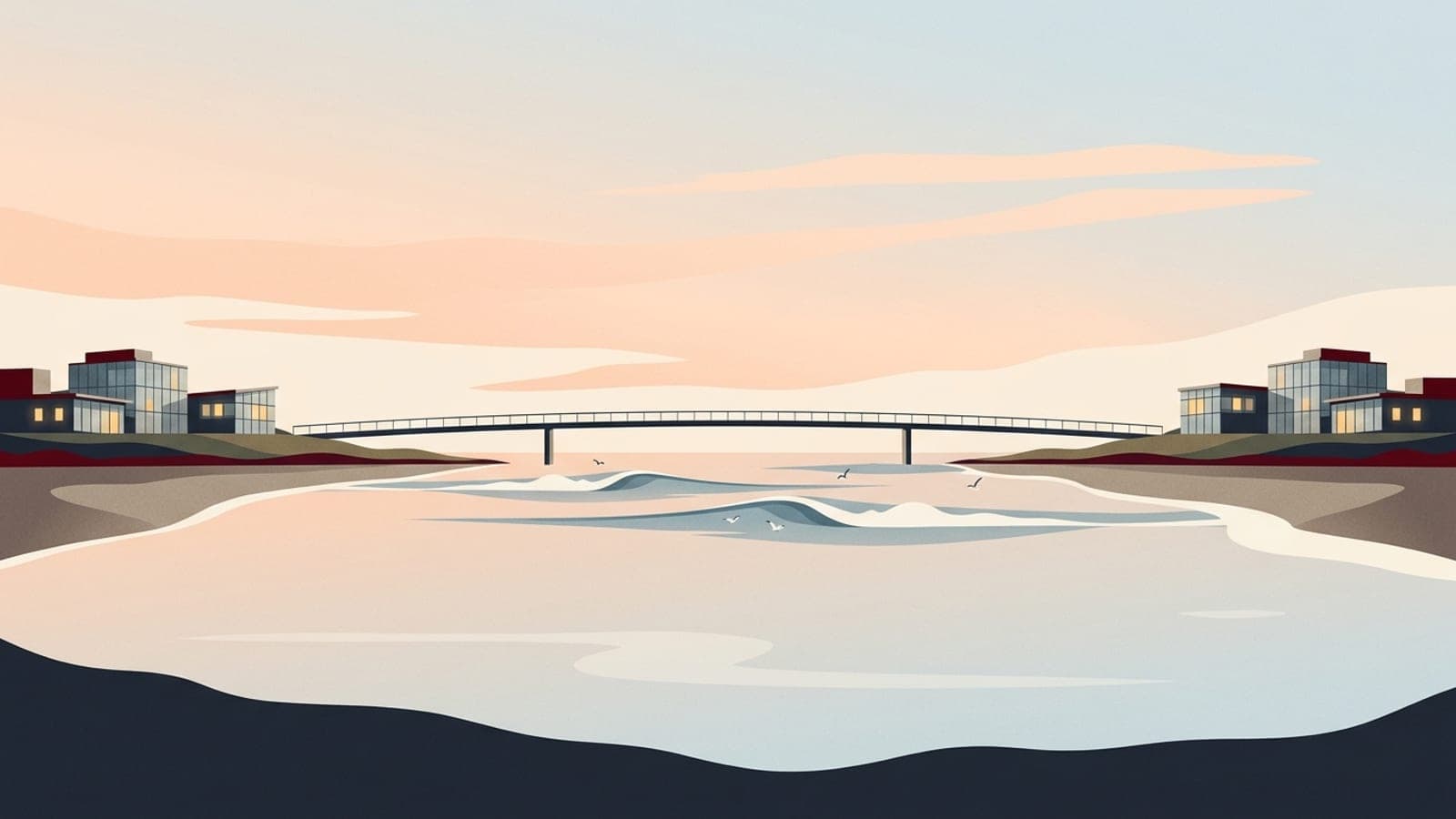 Illustration: a slender modern footbridge spans a calm estuary at dawn between two shores with low glass-fronted buildings.