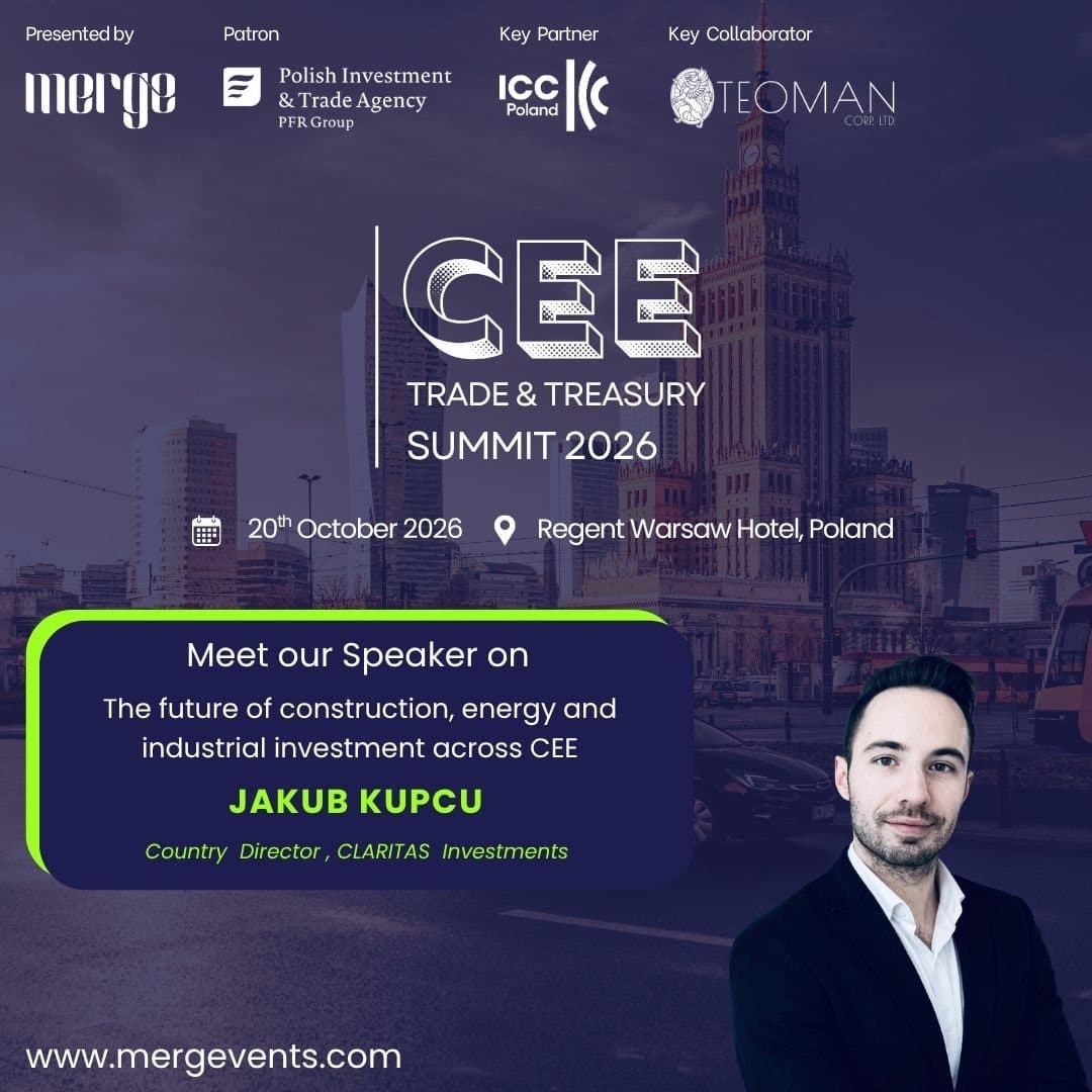 Speaker card for Jakub Kupcu, Country Director at CLARITAS Investments, on the panel on construction, energy and industrial investment across CEE, at the CEE Trade & Treasury Summit 2026