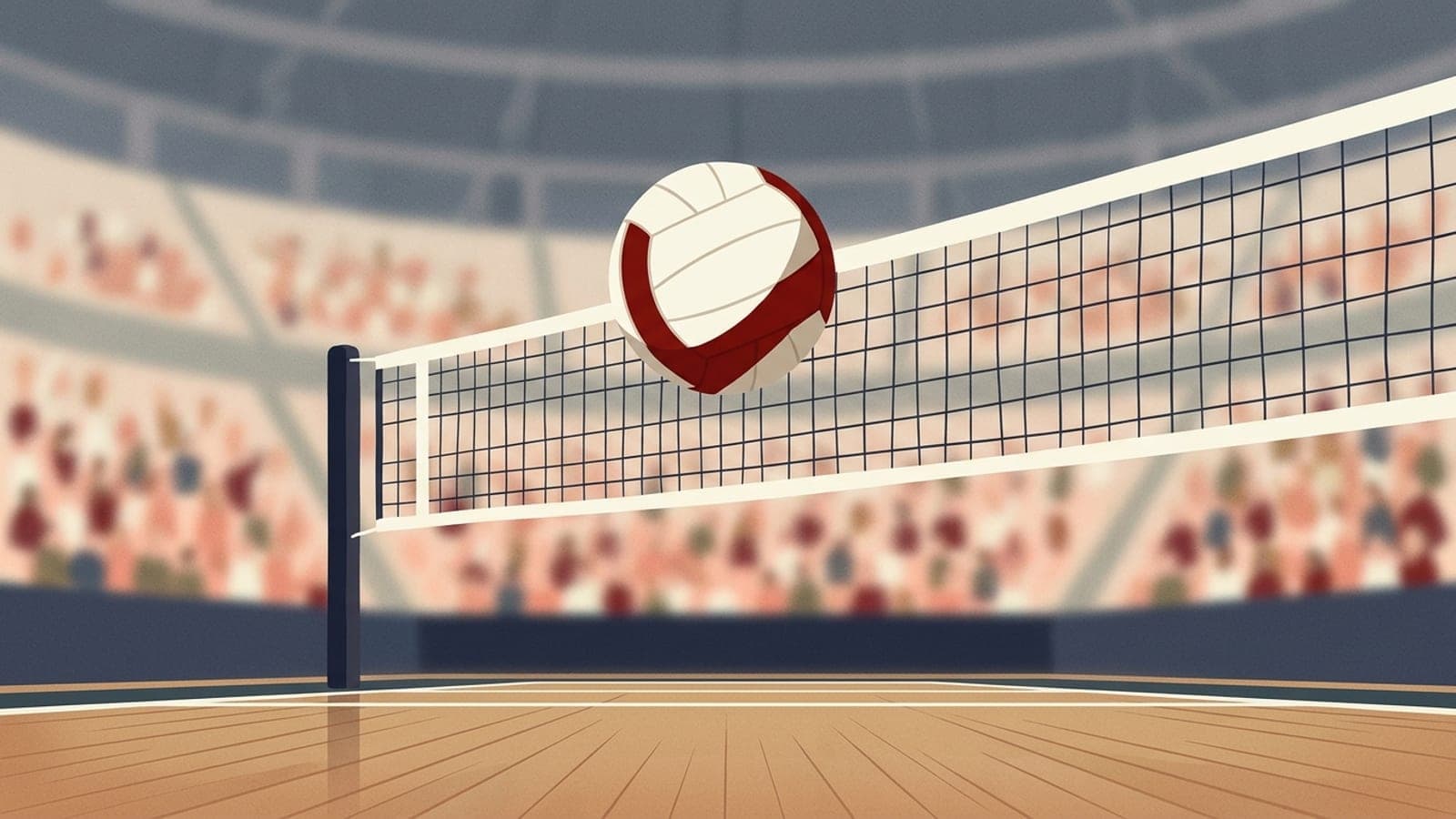 Illustration: a volleyball hovers above the net in an indoor arena before softly blurred stands.