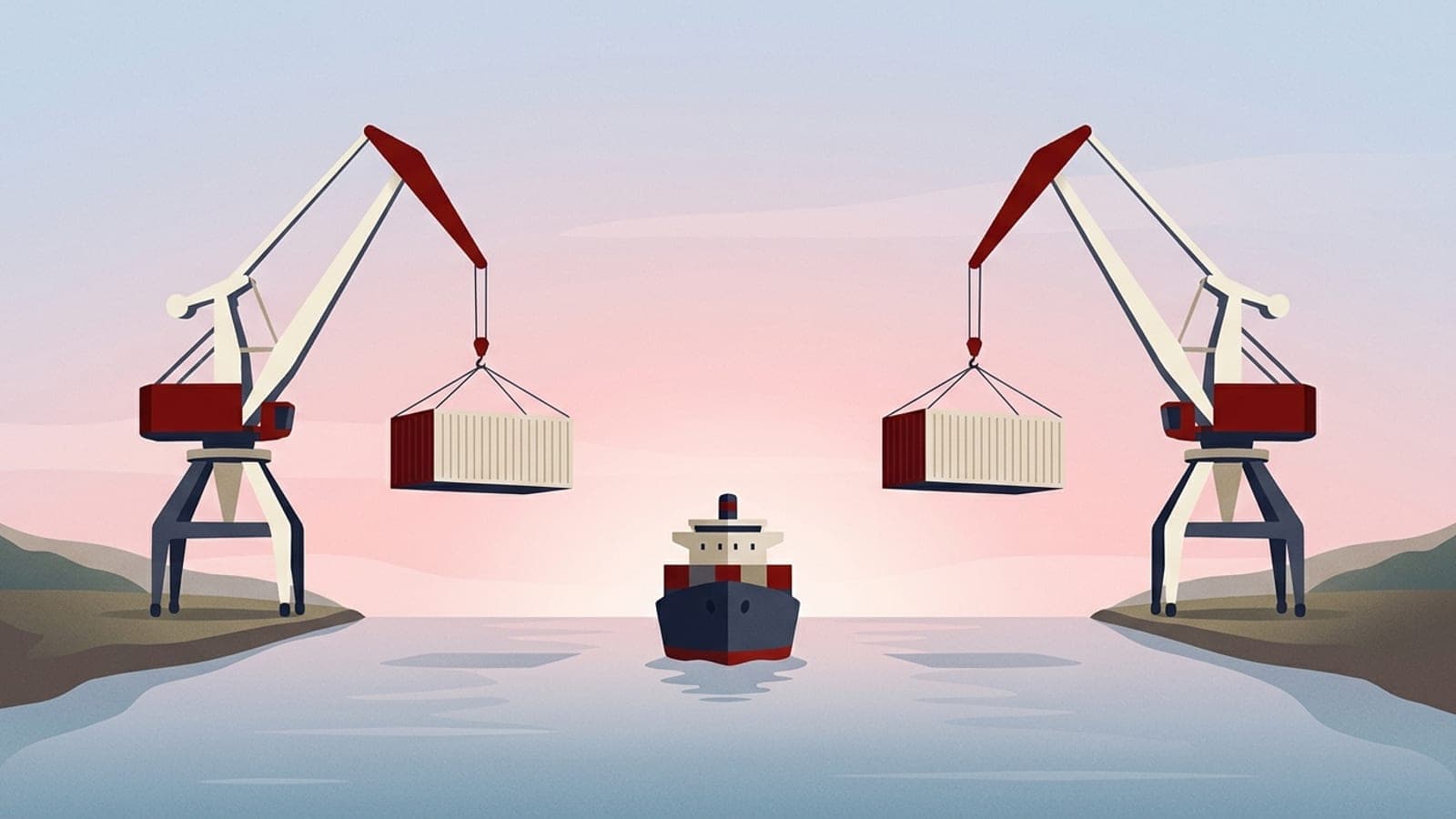 Illustration: two harbour cranes lower shipping containers toward a cargo ship on calm waters at dawn.