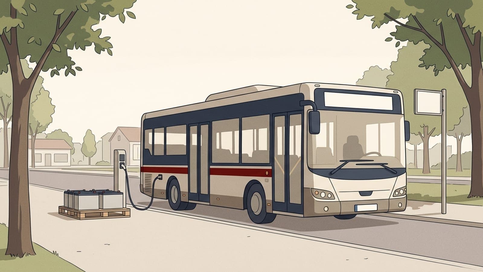 Illustration: an electric city bus charges at a curbside station beside stacked battery modules on a quiet street.