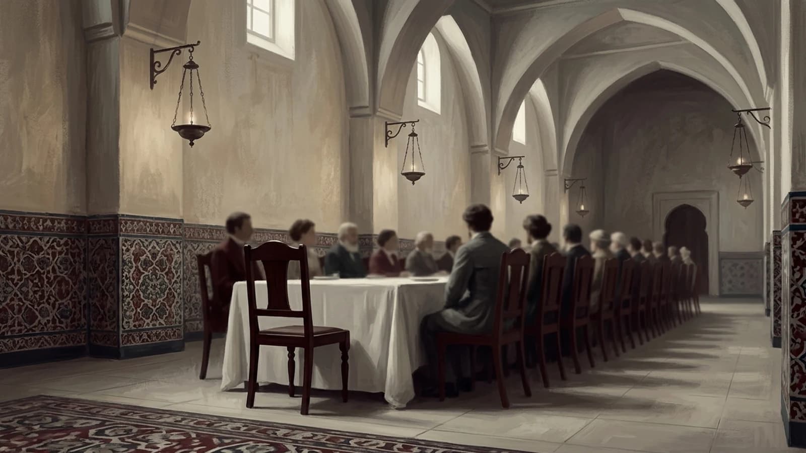 Painted illustration of a formal reception hall, an empty chair in the foreground and indistinct seated figures beyond.