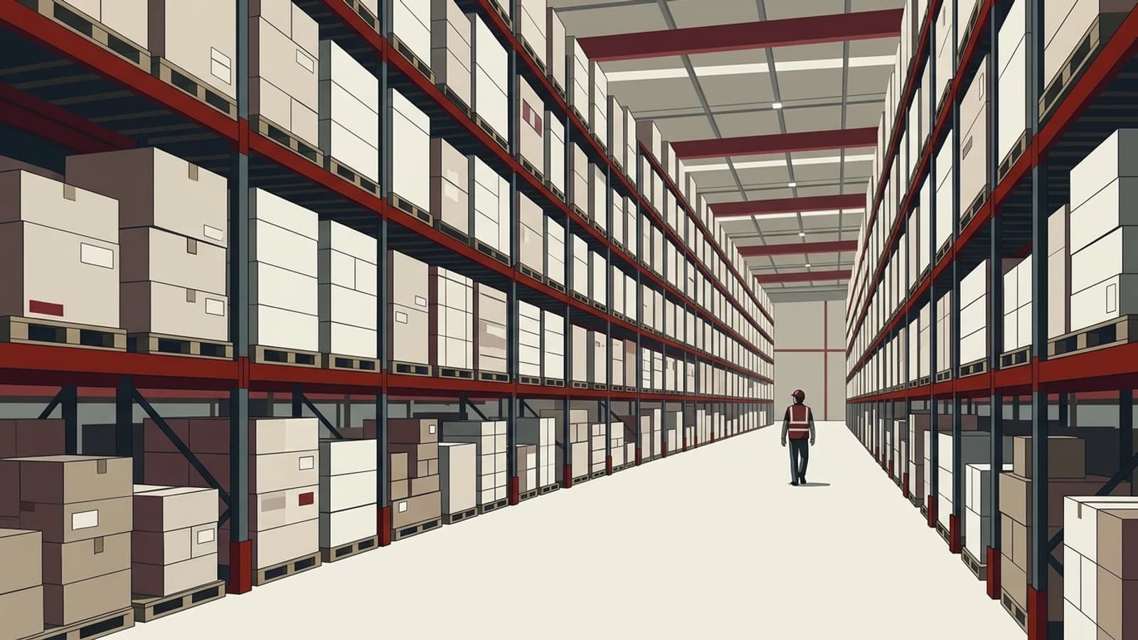 Illustration of a warehouse interior: long aisles of palletised goods under even industrial lighting.