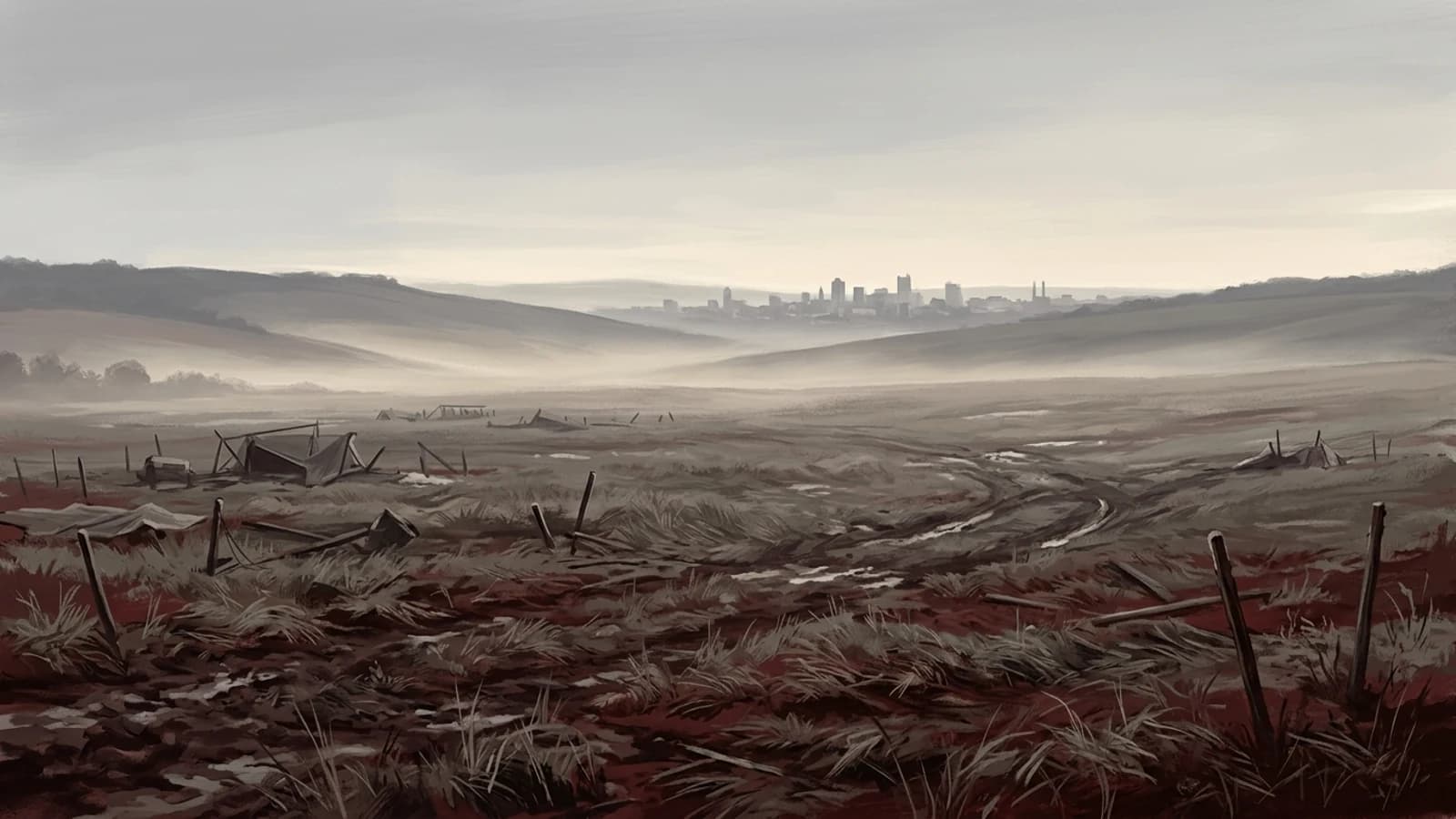 Painted landscape of a field at dawn after an army has passed: trampled grass, tent stakes, mist in the hollows.