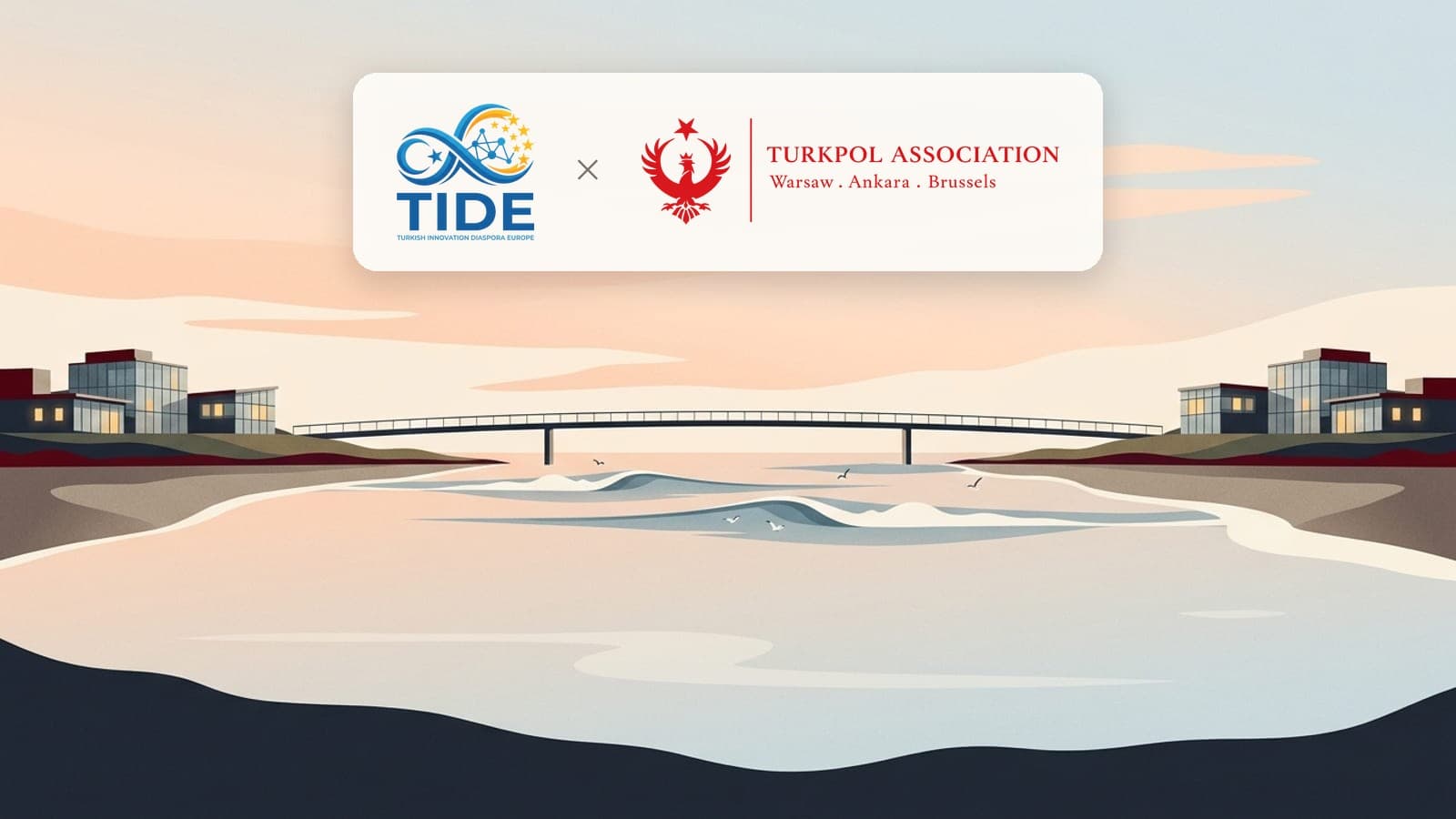 Illustration: the TIDE and TURKPOL logos above a slender modern footbridge that spans a calm estuary at dawn between two shores with low glass-fronted buildings.