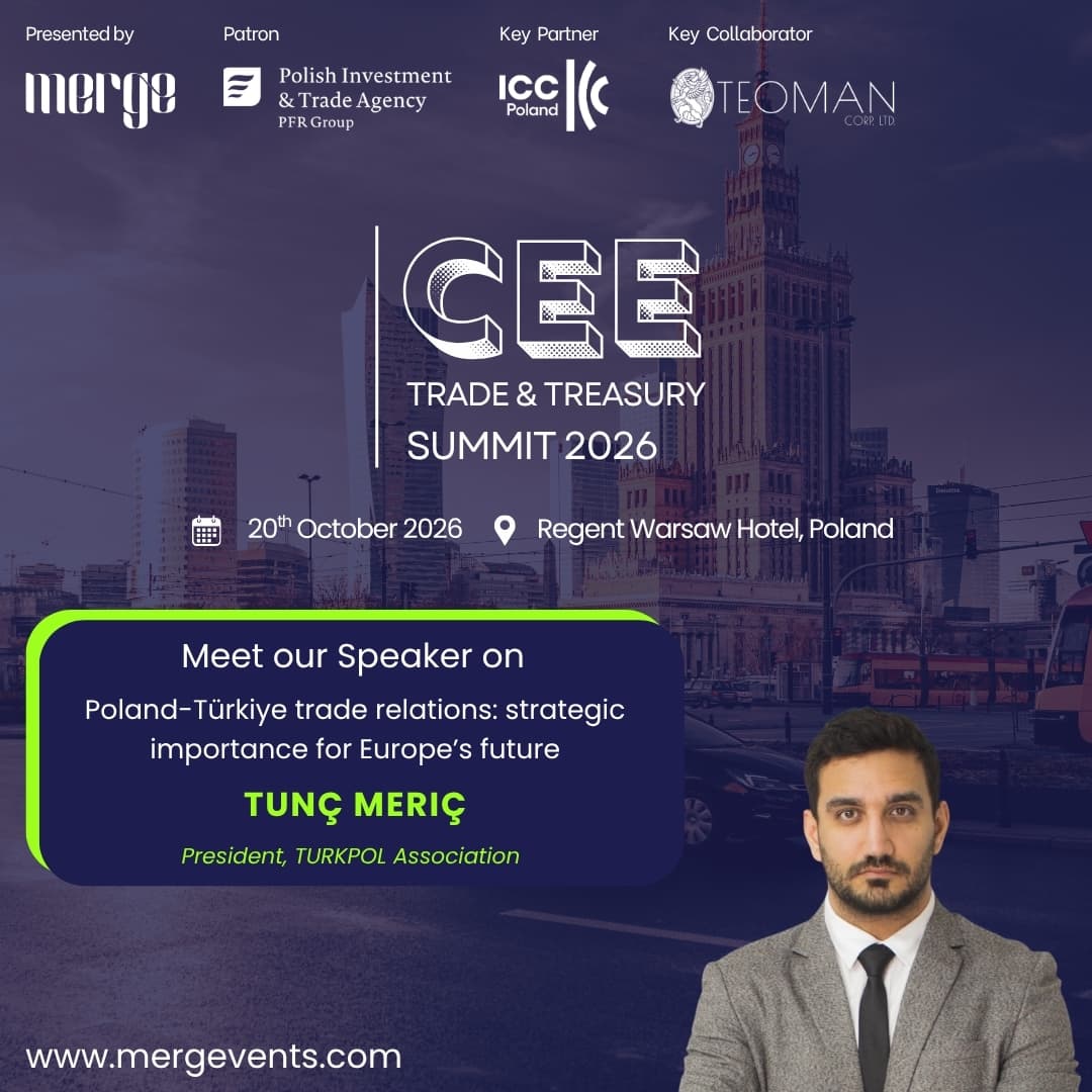 Speaker card for Tunç Meriç, President of TURKPOL, announcing his session on Poland-Türkiye trade relations at the CEE Trade & Treasury Summit 2026